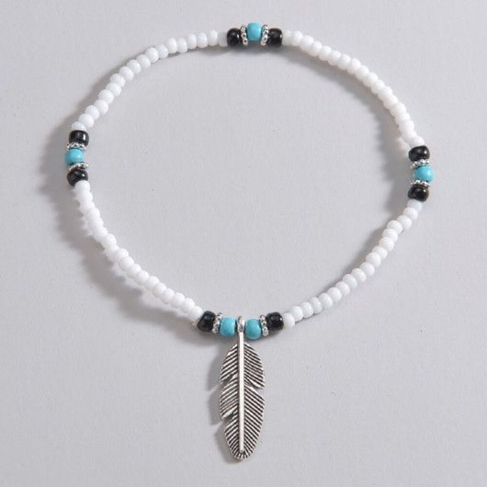 Turquoise, Black and White Beaded Feather Anklet